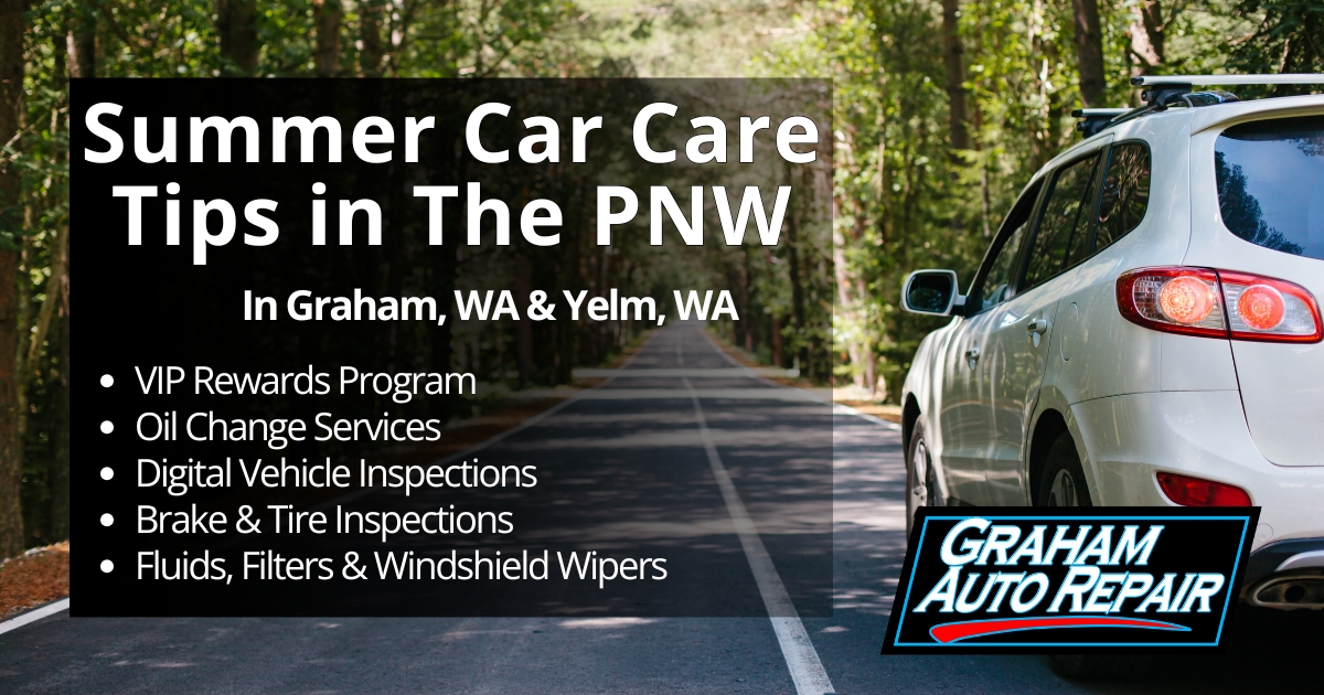White SUV driving on a scenic Pacific Northwest road with text overlay listing summer car care services available at Graham Auto Repair in Graham and Yelm, WA.