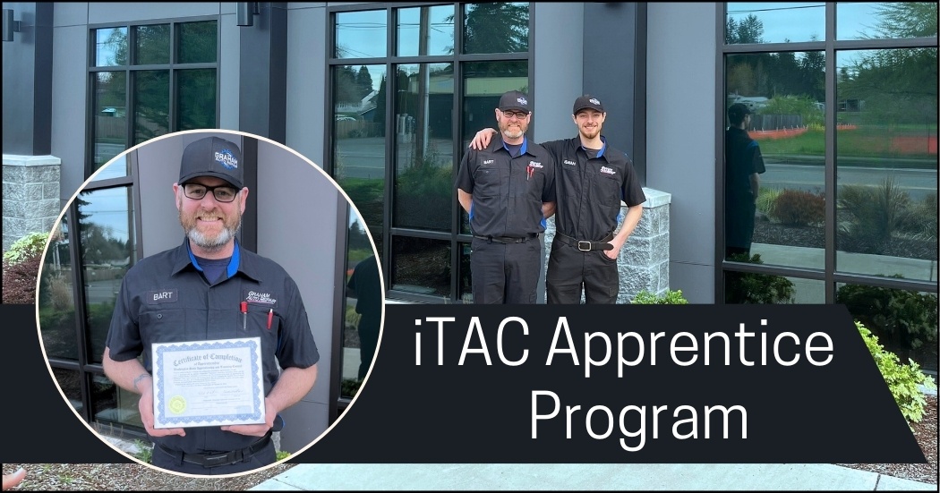 Bart and Isaiah from Graham Auto Repair featured in a NWACA graphic promoting the iTAC Apprentice Program in Yelm, WA.
