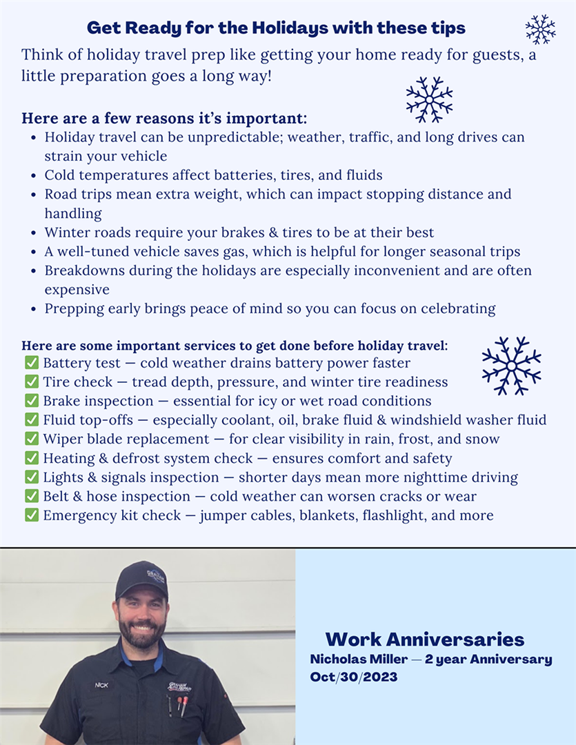 Graham Auto Repair Fall 2025 Newsletter: Holiday Tips
