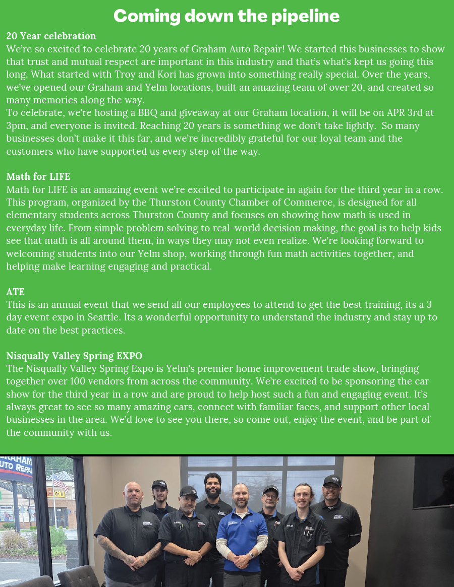 Graham Auto Repair Spring 2026 Newsletter: Coming down the pipeline